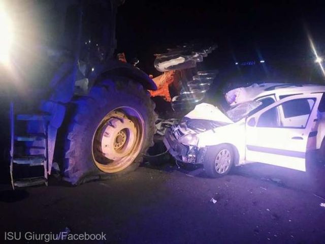 Accident mortal în Giurgiu. Un autoturism cu patru pasageri a intrat în coliziune cu un utilaj agricol