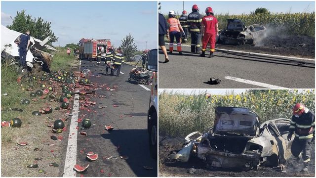 Șoferi morți după un impact catastrofal între o mașină care a luat foc și o dubă, între Olt și Teleorman