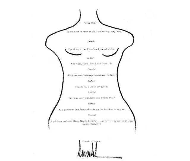 El dibujo sexy con forma de mujer con el Trump felicitó a Epstein y negó haber mandado