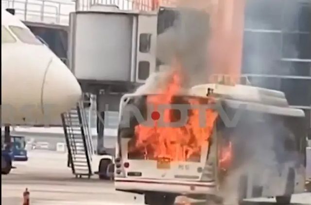 Bus catches fire at Delhi Airport Terminal 3 with Air India plane parked nearby, video goes viral