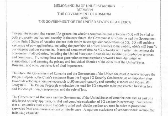 Memorandumul 5G, semnat între România și SUA, desecretizat