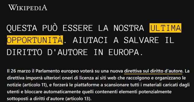 La versione italiana di Wikipedia è stata oscurata per protesta contro la riforma del copyright