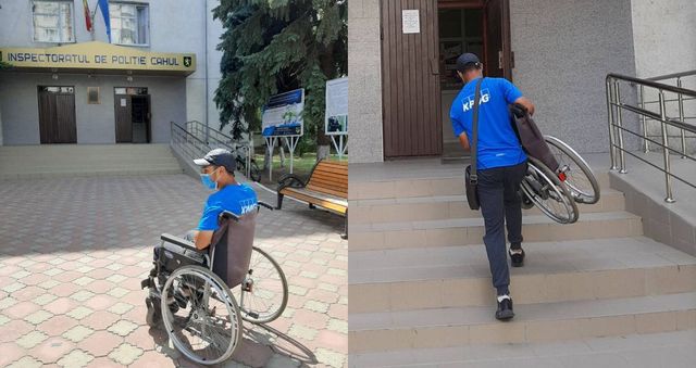 „Minune” la Cahul: Un tânăr s-a sculat din scaunul cu rotile și a ridicat scările de la Inspectoratul de Poliție vioi, cu acesta subțioară