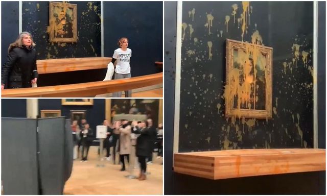 Momentul în care două protestatare ecologiste aruncă cu supă peste Mona Lisa, tabloul lui da Vinci de la Luvru