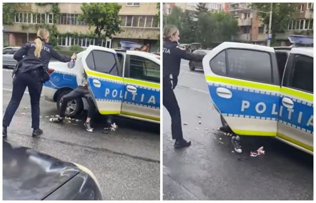 O polițistă din Cluj îi dă cu spray lacrimogen în față colegului său care se chinuie să imobilizeze un bărbat care agresase trei copii