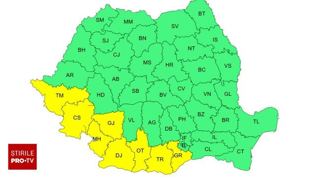 Cod galben de furtuni, ploi torențiale, dar și de temperaturi ridicate. Județele afectate