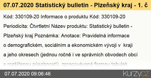 07.07.2020 Statistický bulletin - Plzeňský kraj - 1. čtvrtletí 2020