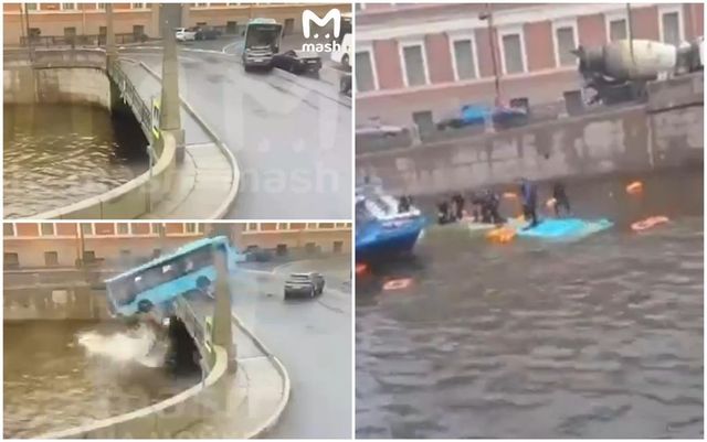 Un autobuz cu pasageri a căzut în apă de pe un pod din centrul orașului Sankt Petersburg