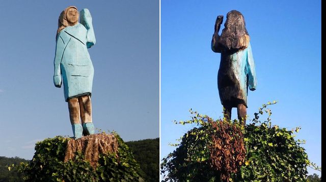 Sculptura din lemn a Melaniei Trump din Slovenia a fost incendiată chiar de Ziua Americii