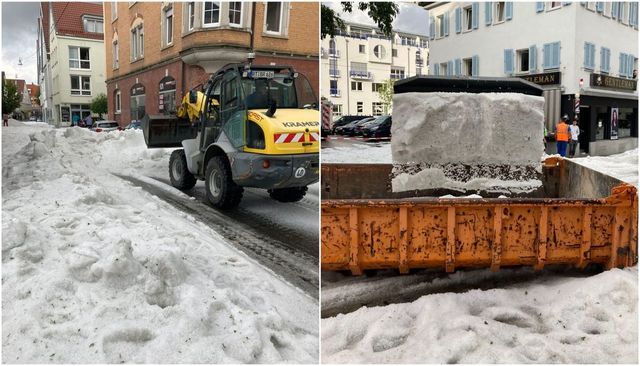 Plugurile de zăpadă, scoase pe străzile din Germania după o furtună de vară. Stratul de grindină a ajuns la 30 de centimetri