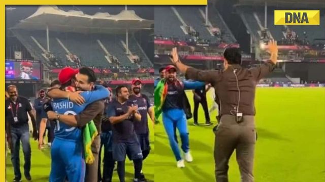 Irfan Pathan celebrates with Rashid Khan after Afghanistan's historic win
