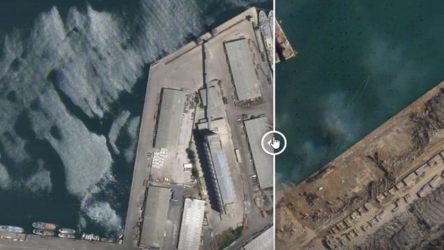 Imagini din satelit. Un crater uriaș a luat locul unei părți din portul orașului Beirut după explozia de marți