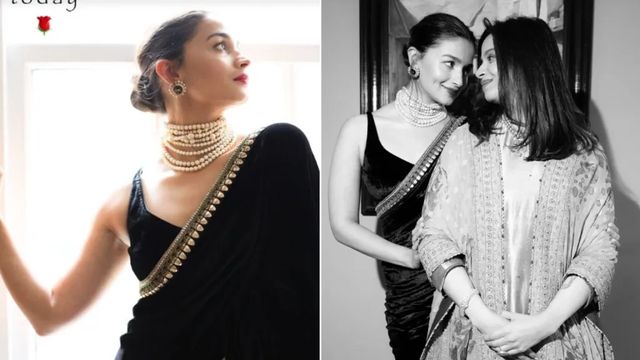 Alia Bhatt for Poacher London screening transformed into a retro superstar in black velvet saree and pearl jewellery