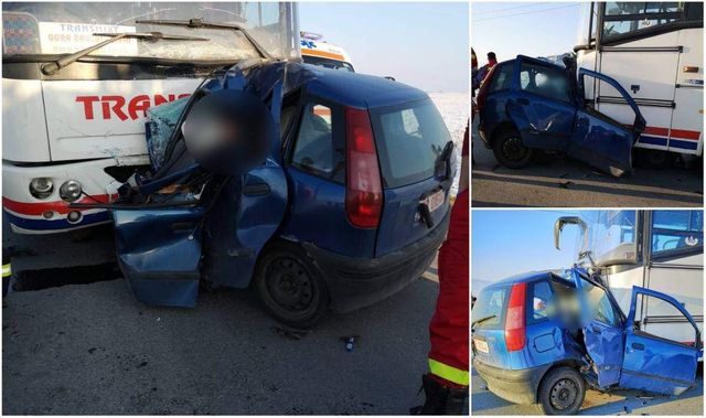 Accident mortal la Sibiu, Fiat Punto dezintegrat în impactul cu un autocar