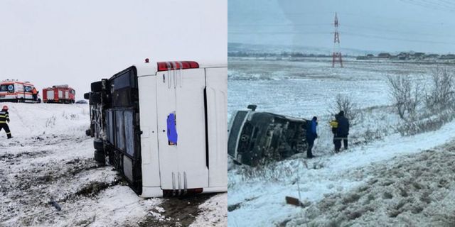 Un microbuz cu 17 pasageri, pe ruta București-Chișinău, s-a răsturnat în județul Galați