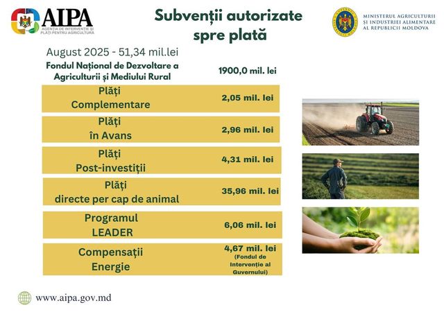 Peste 51 milioane de lei, autorizați spre plată în luna august pentru fermieri și proiecte rurale