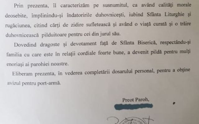 Caz inedit în Iași: Un preot dă recomandări pentru eliberarea permisului de port armă