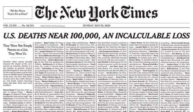 Prima pagină a ziarului New York Times doar cu numele și descrierea persoanelor decedate din cauza Covid 19