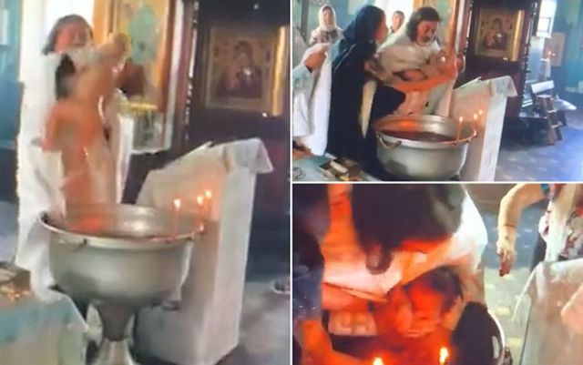 Preot filmat în timp ce aproape îneacă un copil în cristelniță, în timpul unui botez, în Rusia
