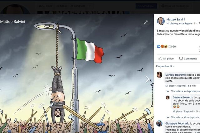 Bufera su vignetta anti-Salvini. Come Mussolini a testa in giù