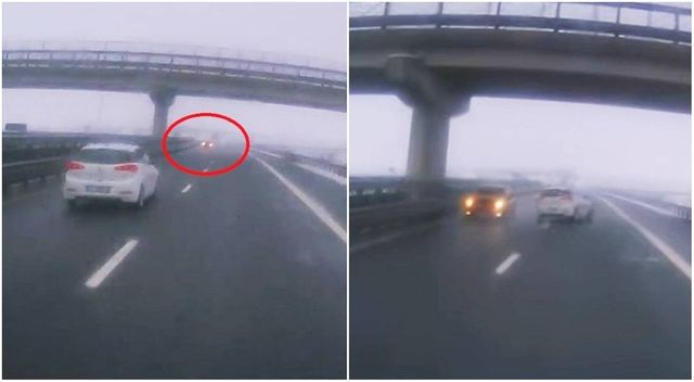 Momentul în care un șofer a intrat pe contrasens, în fața unei mașini care circula pe autostradă cu 100 km/oră