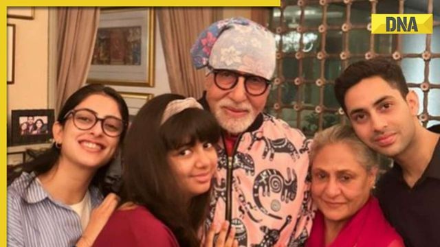 Amitabh Bachchan poses with Jaya Bachchan and his grandkids Aaradhya, Nayva, Agastya on his 81st birthday