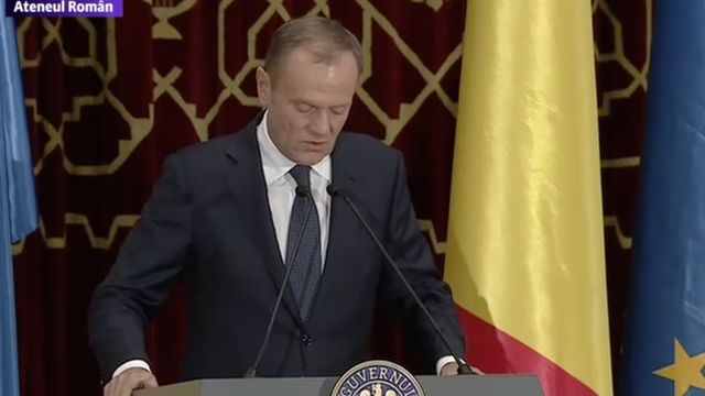 Președintele Consiliului European Donald Tusk a rostit la ceremonia de la Ateneu un discurs în limba română