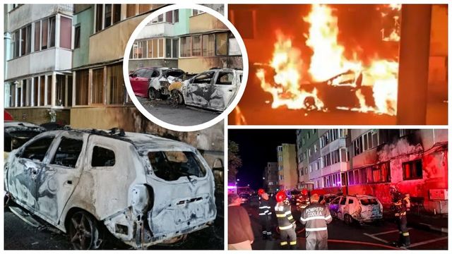 Mașină incendiată intenționat. Focul s-a extins la alte două autoturisme și la fațada unui bloc