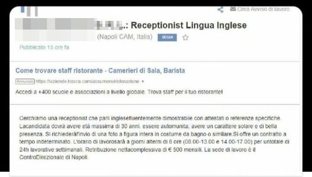 Napoli, azienda chiede una “foto in costume” alle candidate per un lavoro da receptionist