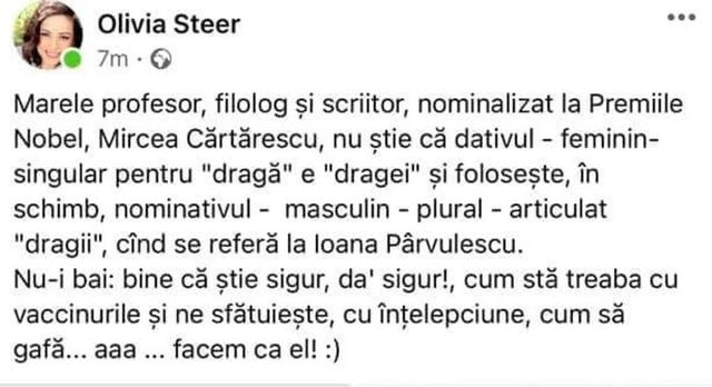 Ce se întâmplă când Olivia Steer se apucă să-i dea lecții de gramatică lui Mircea Cărtărescu