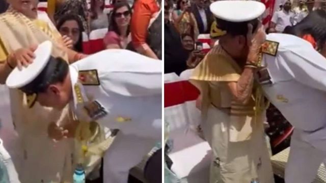 On Cam | Indian Navy Chief Admiral Dinesh Tripathi Touches Mother's Feet To Seek Blessing After Assuming Charge