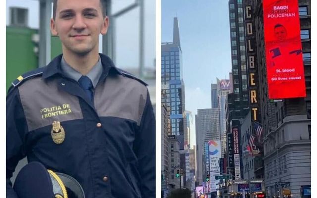 Un polițist român de 23 de ani a salvat 60 de oameni în doar trei ani. Povestea a ajuns pe un panou din New York