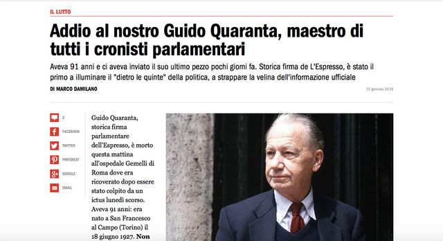 Morto il giornalista Guido Quaranta, maestro del retroscena politico