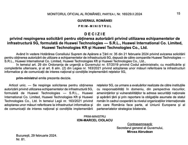 Huawei, refuzată oficial de Guvernul României pentru a participa la dezvoltarea infrastructurii 5G