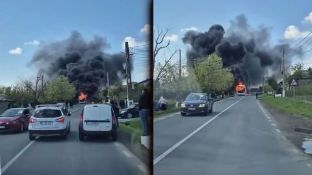 Un autocar în care se aflau 27 de persoane a luat foc în Tulcea