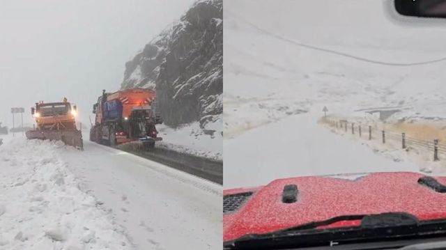 Ninsoare abundentă pe Transfăgărășan. Drumarii au intervenit cu utilajele de deszăpezire