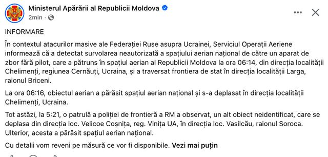 Trei aparate de zbor au încălcat spațiul aerian al Republicii Moldova