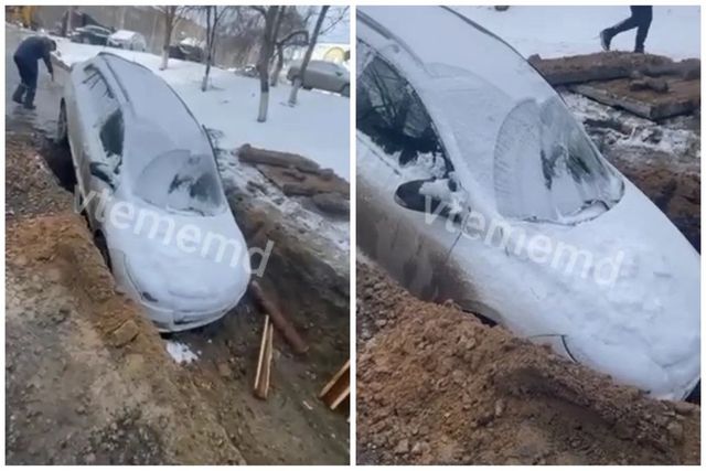 VIDEO Un șofer din Chișinău și-a parcat mașina într-o…groapă