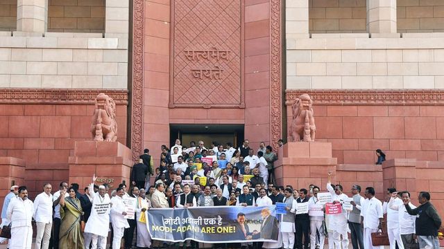 Congress MPs Protest Outside Parliament Over Adani Issue During Winter Session