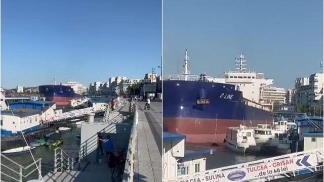 Incident naval grav la Tulcea: o navă cargo a lovit pontoanele și mai multe ambarcațiuni de-a lungul falezei. Momentul a fost filmat