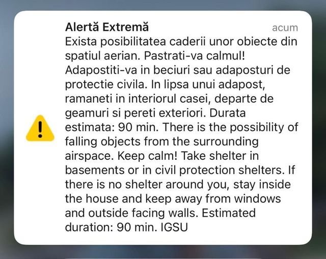 Tulcea: Mesaj Ro-Alert cu privire la posibilitatea căderii unor obiecte din aer