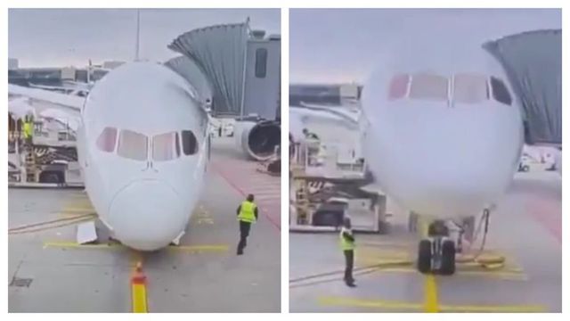 Momentul în care botul unui avion Boeing se prăbușește în parcare pe un mare aeroport din Europa. Mai multe persoane au fost rănite