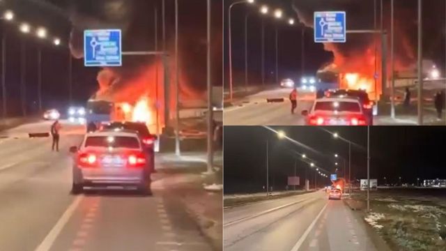 Accident rutier grav in Sibiu. Un autobuz si un autoturism au luat foc, dupa ce s-au ciocnit violent