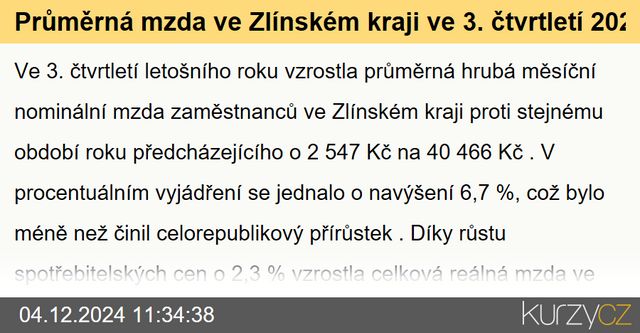 Průměrná hrubá měsíční mzda ve 3. čtvrtletí 2024