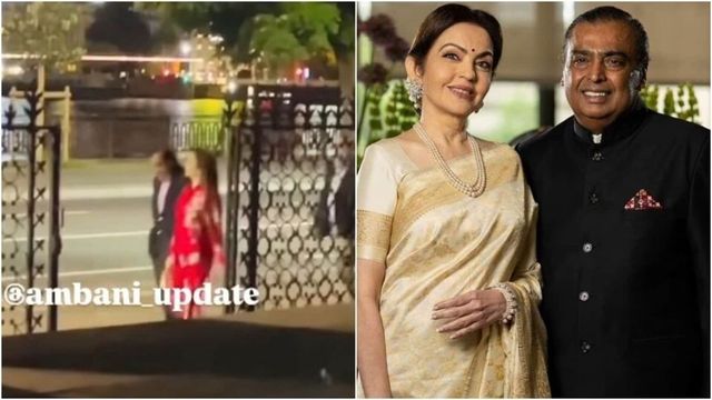 Nita Ambani dazzles in red co-ord ensemble with Mukesh Ambani for a night stroll in Switzerland