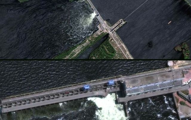 Distrugerea hidrocentralei Kahovka. Imaginea unei mașini aparent încărcată cu explozibil, surprinsă de o dronă ucraineană la baraj