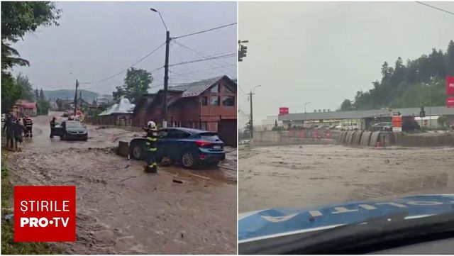 Inundații violente la Bușteni, după o ploaie torențială. Imagini cu viitura care a măturat totul în cale pe unele străzi din stațiune