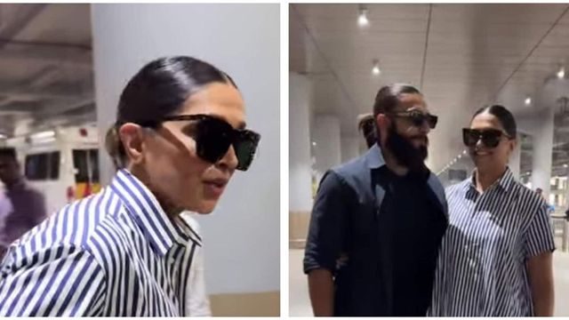 Deepika Stuns In Stripes, While Ranveer Rocks Casual Cool At Mumbai Airport