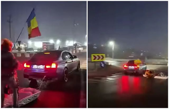 Scene incredibile într-un sens giratoriu din Iași! Un șofer a făcut drifturi cu un sicriu legat de mașină