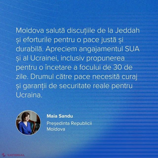 Președinta Sandu salută discuțiile despre pace din Jeddah